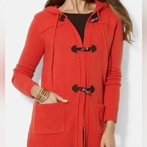 Ralph Lauren Sweater XS Orange Lambs Wool Toggle‎ Hooded Cardigan Duster